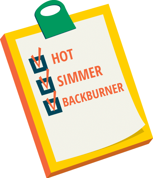 Graphic image of a clipboard with the tasks 'hot', 'simmer', and 'backburner' checked off.
