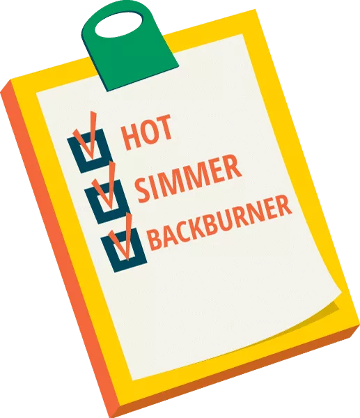 Graphic image of a clipboard with the tasks 'hot', 'simmer', and 'backburner' checked off.